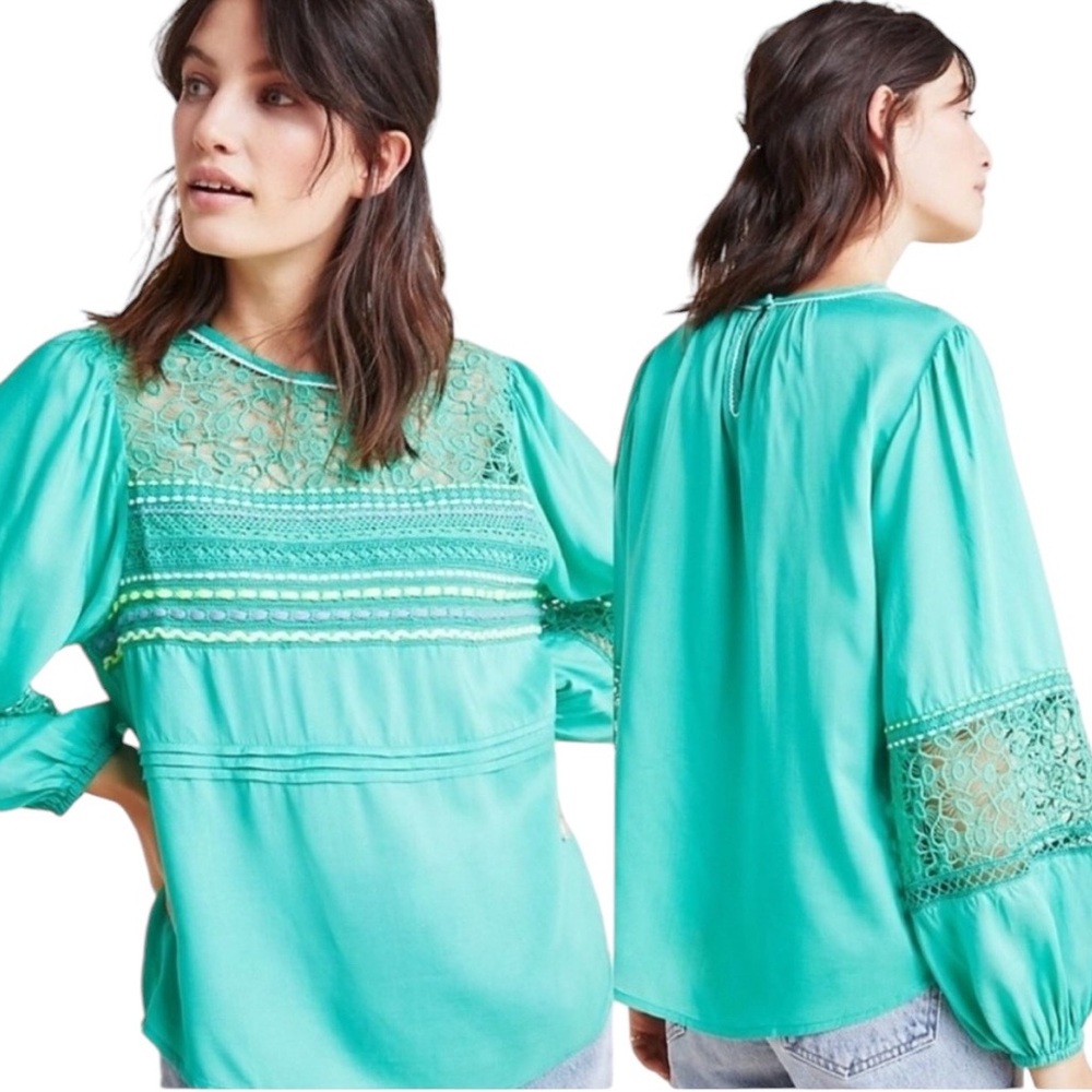 Anthropologie Bl^nk Sunshine Green Embroidered Crochet Puff Sleeve Peasant Top S
